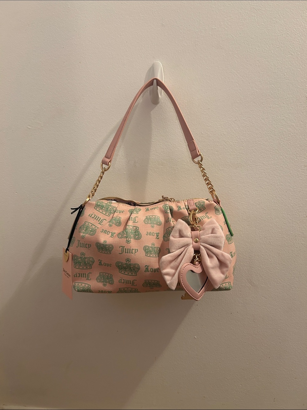 Juicy Couture Pink Shoulder Bag with Green Print & Bow Charm